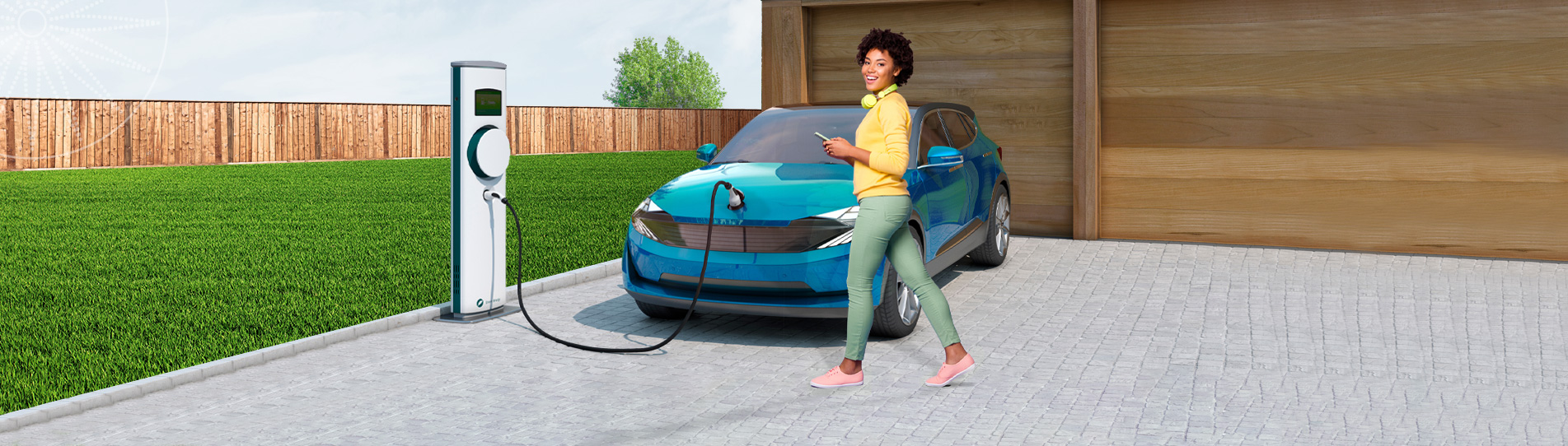 smiling woman beside charging electric vehicle